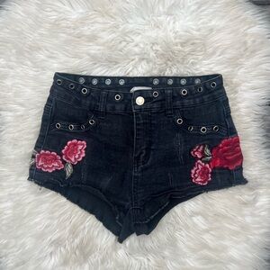 Embroidered Black Denim Jean Grommeted Waist Shorts